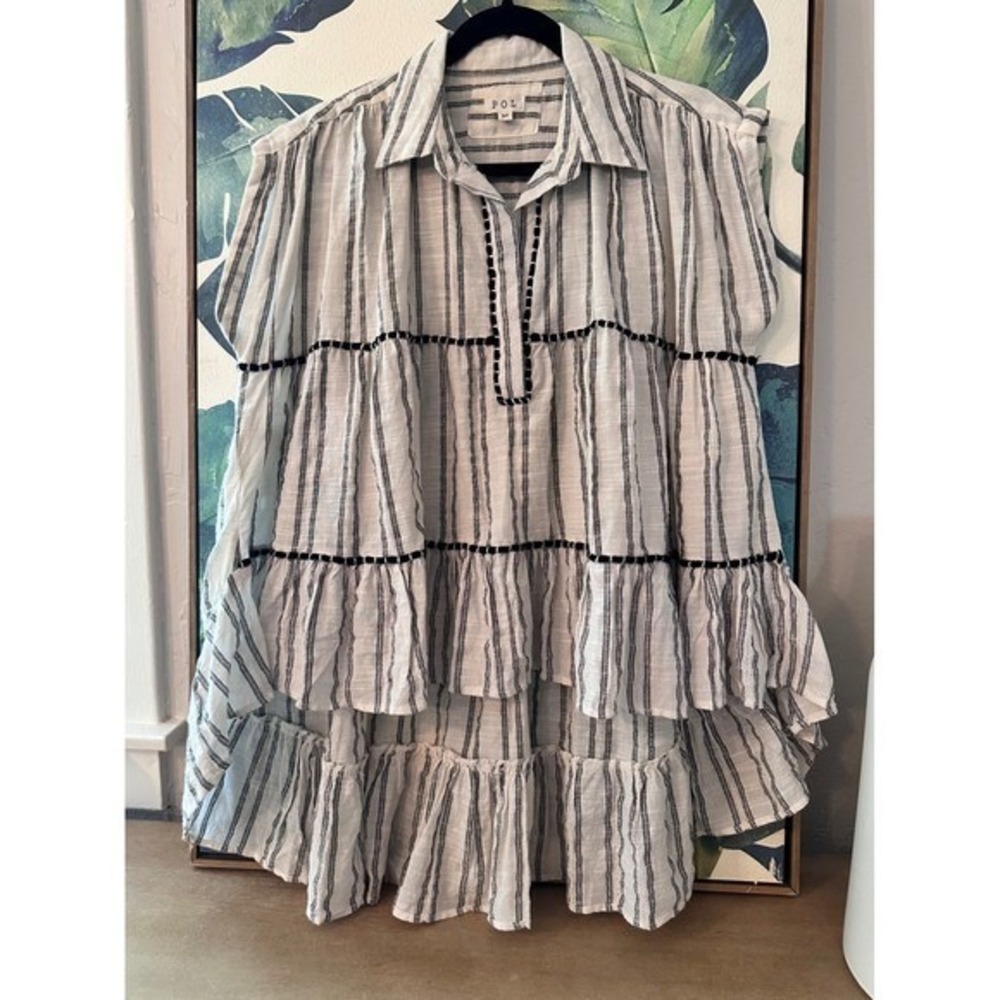 POL Striped Tiered Tunic Cotton High Low Sleeveless Oversized Cottage Coastal M